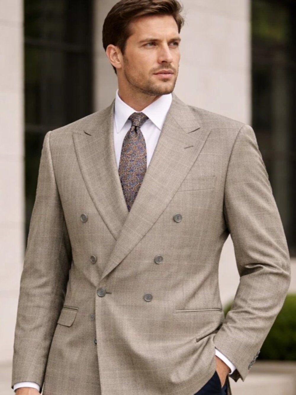 Nino Cerruti Rue Royale Blazer 42R Tan Windowpane Double Breasted Peak Lapel USA